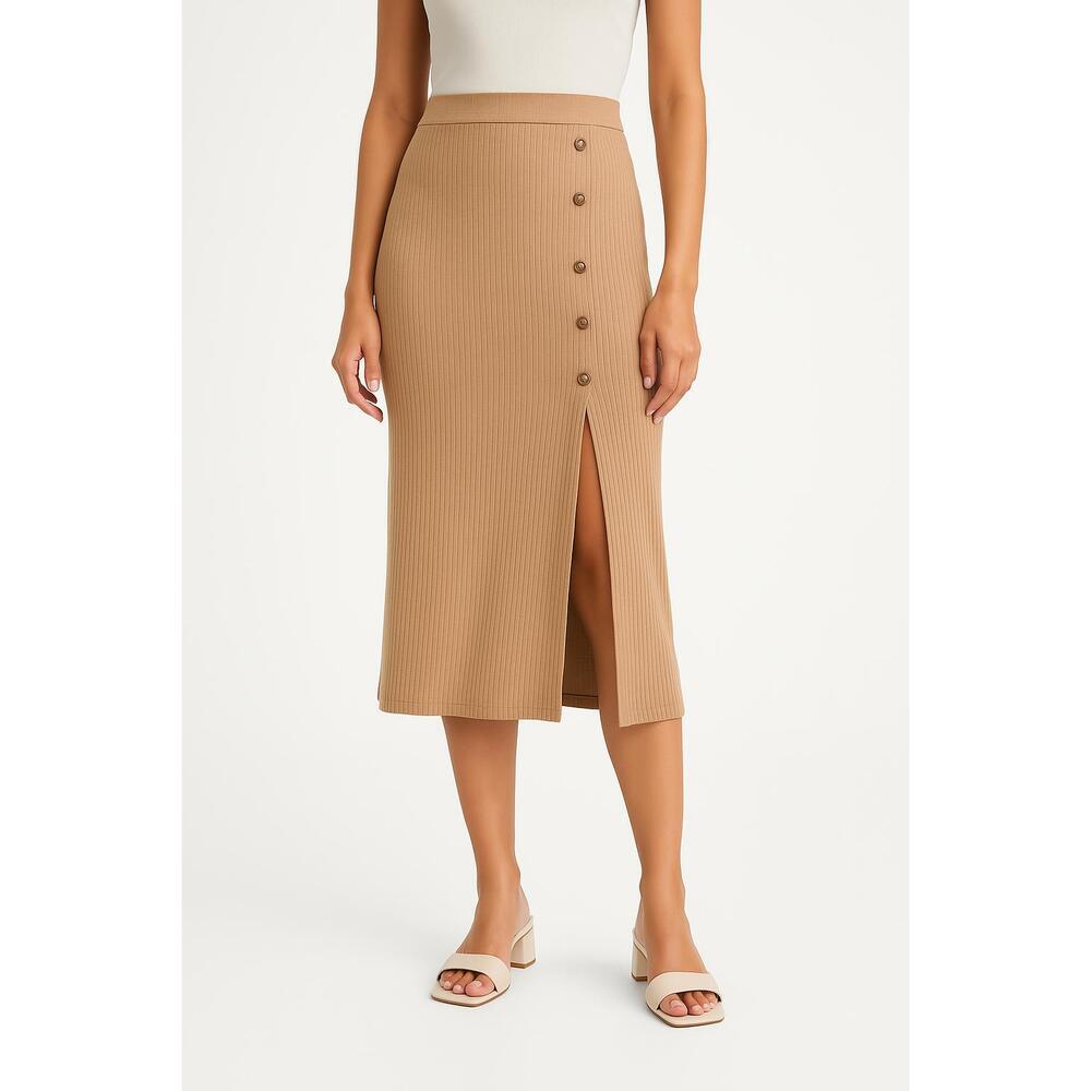 Abercrombie & Fitch Tan Ribbed Knit Button Down Side Slit Midi Skirt Size Small